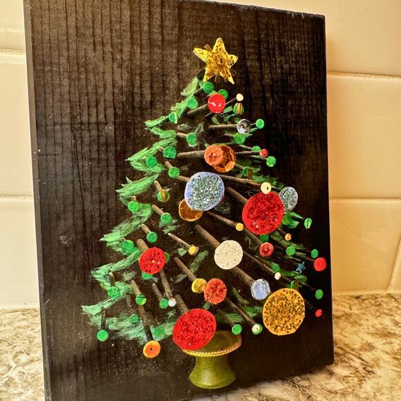 Vintage Handmade Nail Art Christmas Tree Plaque | Mixed Media Wood Decor - Picture 7 of 11